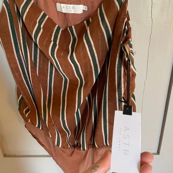 Astr Brown Green White Bodysuit with Vertical Stripes Flattering Flowy Tank NWT - Picture 4 of 12